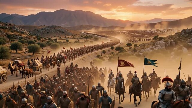 Epic ancient army marching through a dusty mountain pass during sunset with cavalry and infantry
