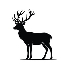 Fototapeta premium Black silhouette of a deer with large antlers on a white background, animal logo or icon.