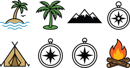Summer beach camping outdoor adventure mountain hiking and safari travel line color icon set elements design © Shukimon