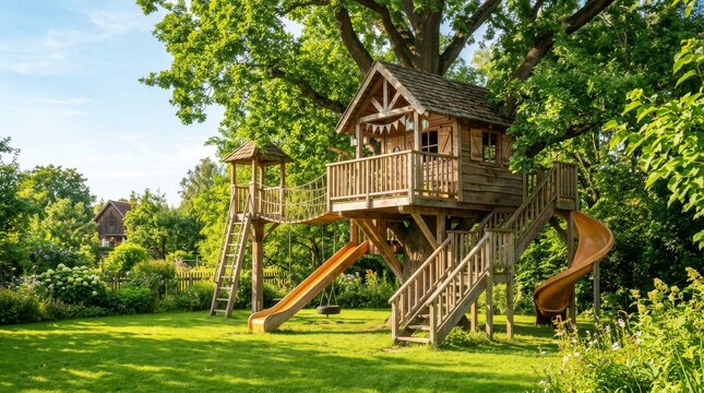 Wooden Treehouse Playground in a Lush Green Garden.