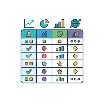 Data Analysis Table with Charts, Graphs, and Icons