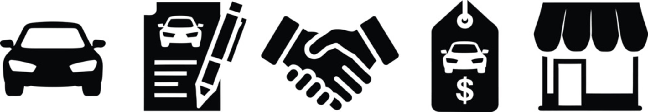 Car dealership and auto sales icon set, handshake, contract, price tag and showroom symbols for automotive business, marketing and dealership services.