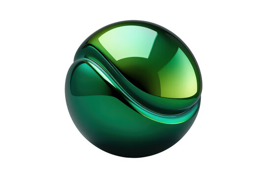 Abstract metallic green sphere with glossy finish and fluid curved elements, modern organic shape, transparent background