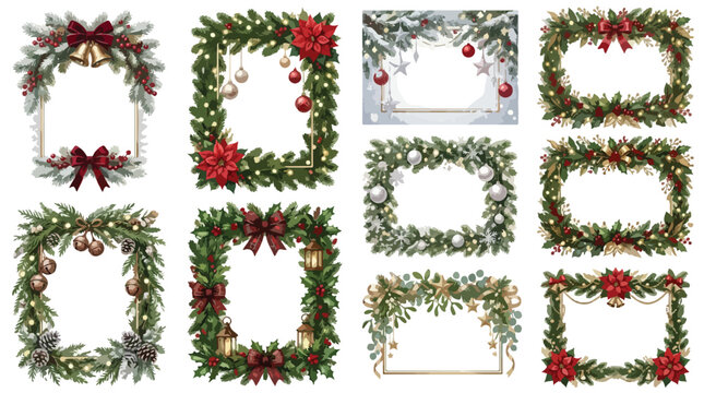 Christmas wreath frame collection, 10 festive holiday border vectors, evergreen pine branches with red bows and poinsettia flowers isolated PNG with Transparent Background