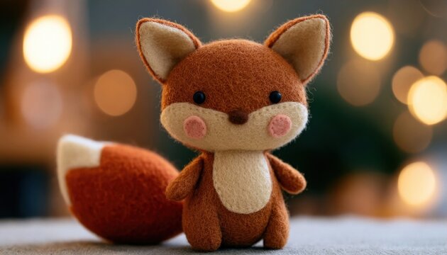 Handcrafted brown felt fox plush toy with pink cheeks and white muzzle sitting on a surface