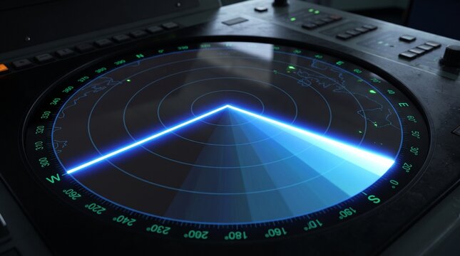 Close up of a modern sonar radar screen with sweeping blue light beam