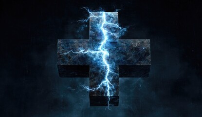 A stylized three-dimensional stone cross, split by a dramatic bolt of electric blue lightning, on a dark background © fadillah