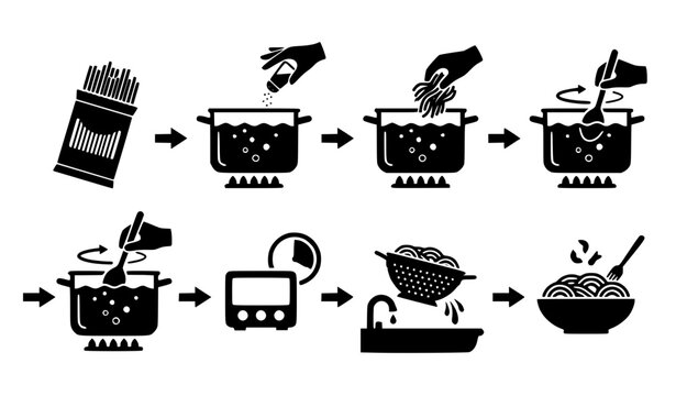 Pasta and Spaghetti Cooking Instruction Icon Set with Boiling Water, Adding Salt, Stirring, Timer, and Draining Steps for Recipe Guides and Culinary Packaging Designs