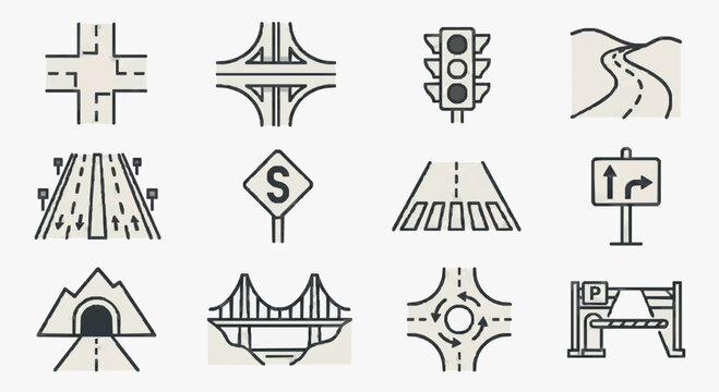 Minimalist Black and White Icons Set Featuring Various Road Signs Traffic Signals and Highway Symbols for Navigation and Design Use