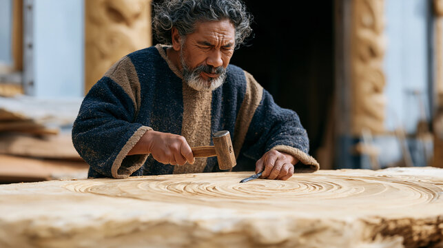 Maori craftsman carving a spiral koru pattern into a large piece of kauri wood outside a workshop, mallet and chisel in hand, indigenous art, cultural heritage craft, New Zealand