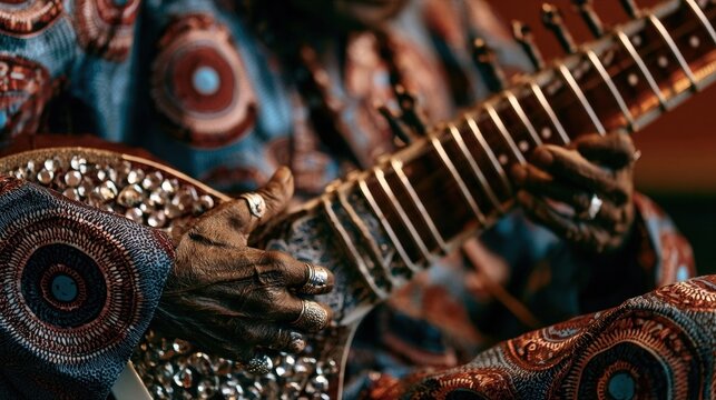 Hands playing a sitar with intricate patterns and metallic inlay