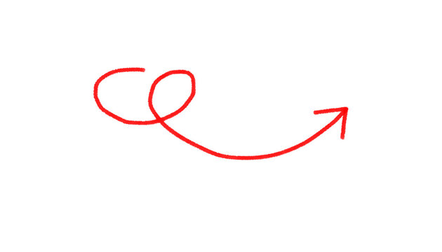 Handdrawn red arrow with a loop isolated on transparent background