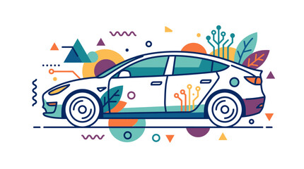 Naklejka premium Vibrant abstract illustration of a modern car with colorful geometric shapes and patterns