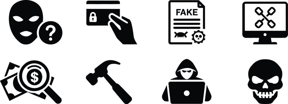 Cybercrime online fraud icons, minimalist black security symbols representing hacker attacks, identity theft, phishing, document forgery and digital protection concepts.