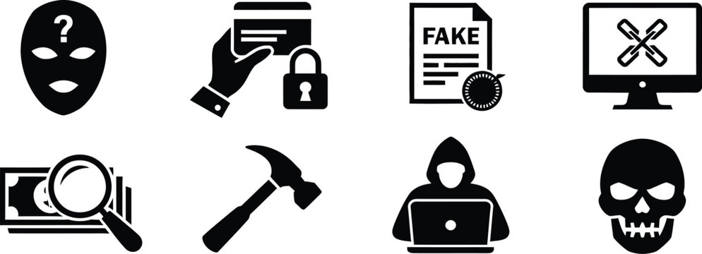 Cybercrime and online fraud icon set, flat black symbols featuring hacker, identity theft, phishing, fake documents, broken links and financial crime concepts.