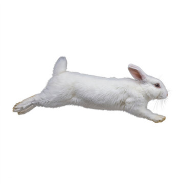 White rabbit leaping forward with soft natural lighting isolated on transparent background