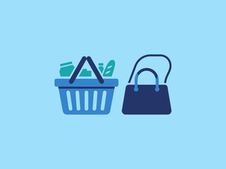 Fototapeta premium Shopping basket and bag on a light blue background