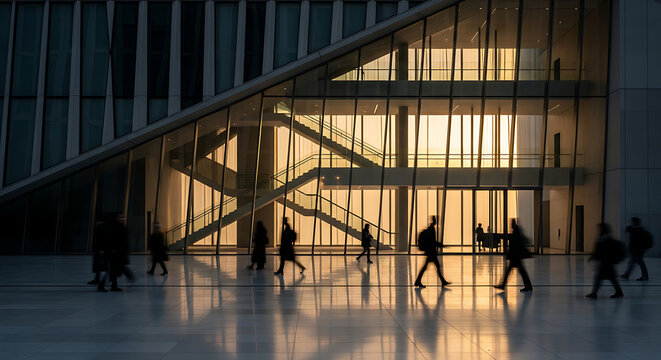 Silhouettes of people walking in front of a modern building with warm light illuminating the interior staircase.
