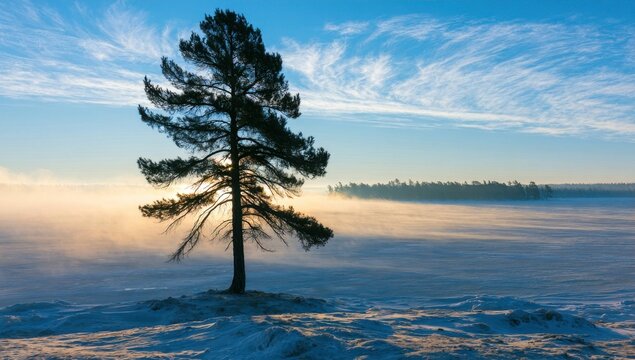 Lone pine tree on a snowy hilltop at sunrise