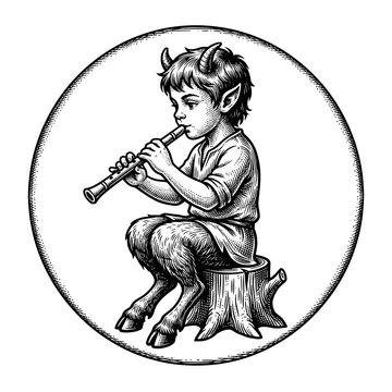 A young mythical faun plays a simple wooden flute while seated on a tree stump