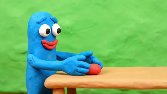 Blue Clay Character Interacts with Red Object on Table.