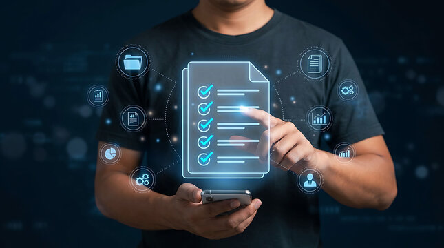 Man using smartphone for online survey checklist or digital data quality control