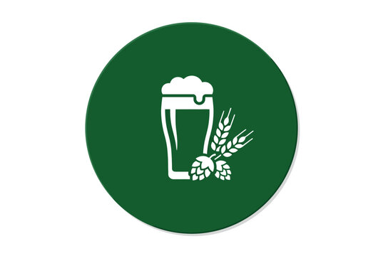 A white icon of a beer glass with hops and barley on a green circle
