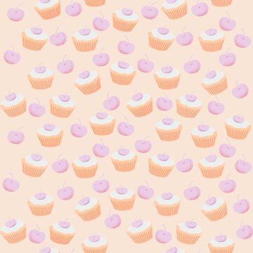 Cherry Cupcake and Berry Dessert Pattern Background on Peach
