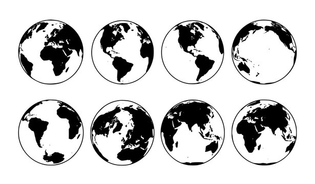 Globe planet vector set with Earth continent silhouettes isolated on white background