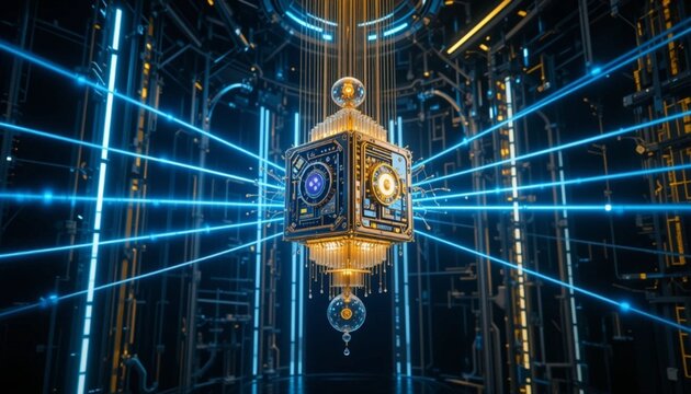 A futuristic quantum computing processor gold chandelier, dangling inside a dark laboratory void, illuminated by intense icy blue laser lines