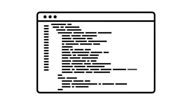 A minimalist black and white line art icon of a software code editor window, representing programming, development, and technology.