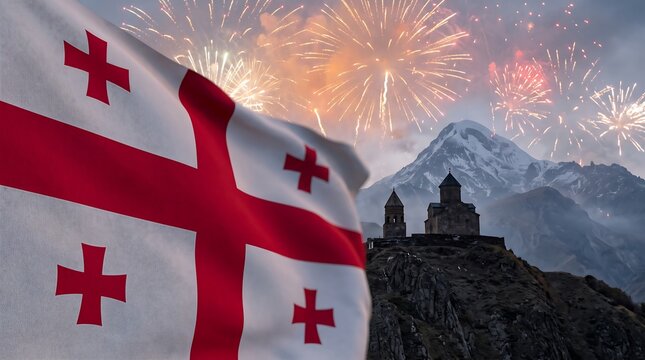 Low angle view of Georgian flag with fireworks over Gergeti Trinity Church and Mount Kazbek