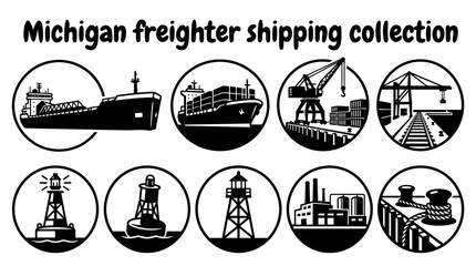 great lakes commercial shipping featuring cargo freighters ore carriers shipping docks loading cranes navigation buoys and industrial port infrastructure arranged as a premium commercial vector © samira