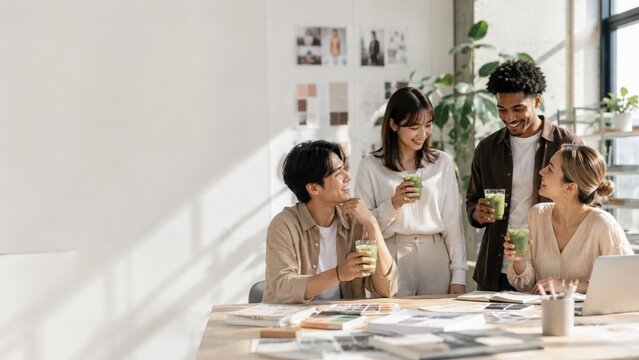 Diverse creative team enjoying matcha drinks in bright office