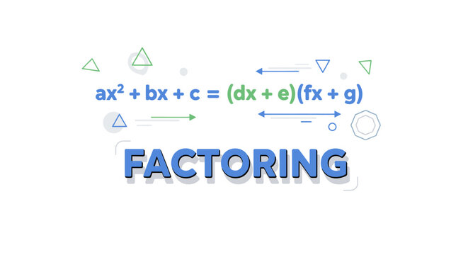 A mathematical concept illustration showing a quadratic factoring formula with the word "FACTORING" below, decorated with abstract geometric shapes.