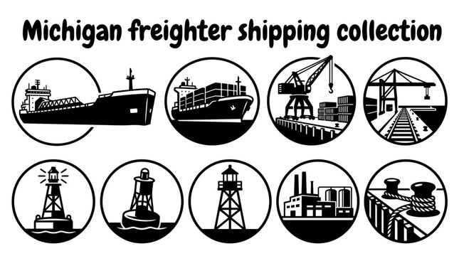 great lakes commercial shipping featuring cargo freighters ore carriers shipping docks loading cranes navigation buoys and industrial port infrastructure arranged as a premium commercial vector