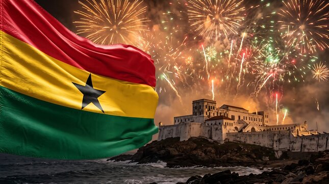 Waving Ghana flag in front of Elmina Castle with vibrant fireworks exploding in the night sky
