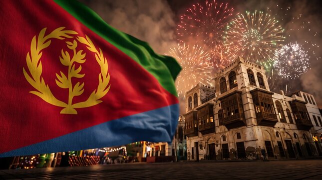 Waving Flag of Eritrea over old historical city buildings with colorful fireworks celebration at night sky