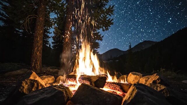 Campfire illuminates the dark forest under a beautiful starry sky