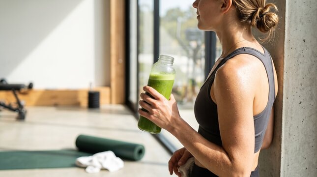 Athletic woman holding green smoothie after yoga workout