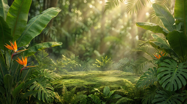 tropical forest with green plants and orange flowers