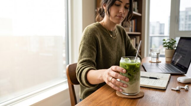 Woman reaching for iced matcha while working from home