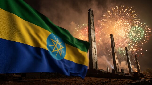 Waving national flag of Ethiopia over ancient Axum obelisks during festive night firework celebration