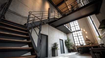 Obraz premium Modern industrial loft interior with metal staircase and tall windows.