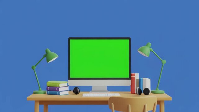 Modern Desk Setup with Green Screen Monitor in bright studio lighting representing digital workspace concept cinematic motion