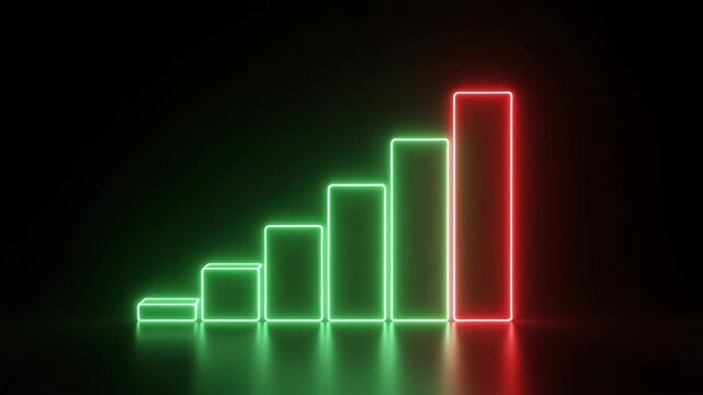 Neon bar graph growth and decline in progression against black background with subtle reflections