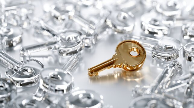 A single golden key standing out among many transparent glass keys
