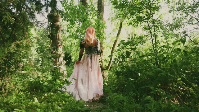 Fantasy style woman queen in metal iron armor dress beauty strong lady blonde hair back view. sexy silhouette warrior holding sword walking in green forest trees. elf girl princess medieval knight 4k