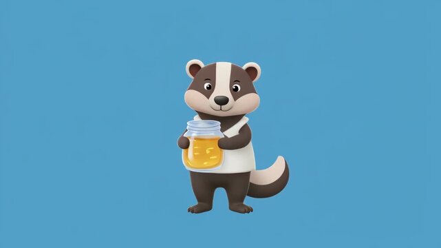 Playful badger character holding a mug of amber liquid in a simple blue studio setting