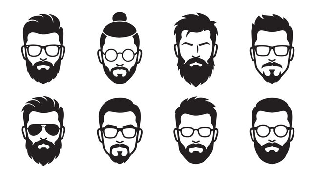 Men's bearded faces, vector icons, beard styles, facial hair, glasses, sunglasses